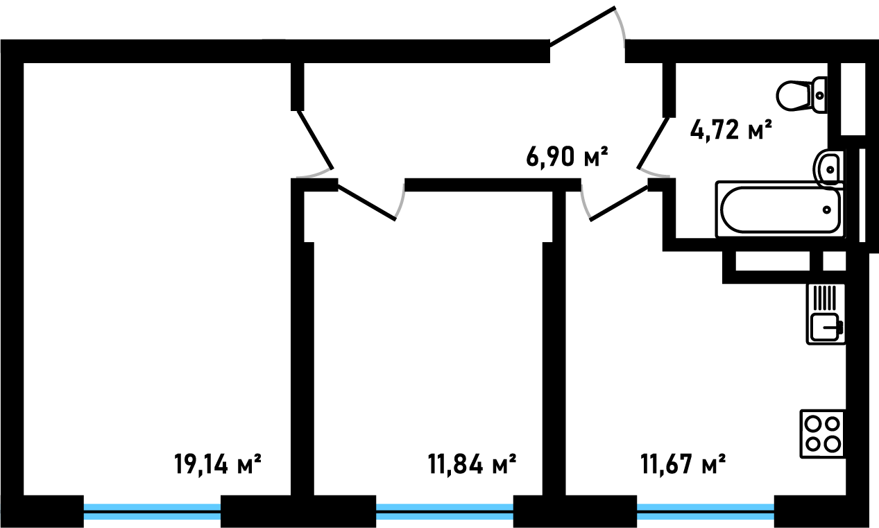 Планировка: 2-комнатная, 54,27 м²