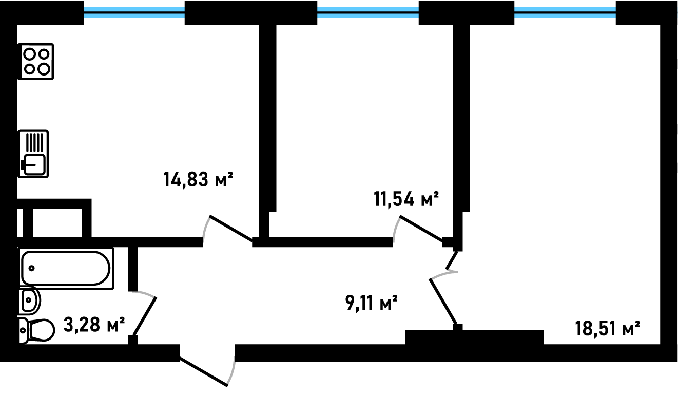 Планировка: 2-комнатная, 57,27 м²