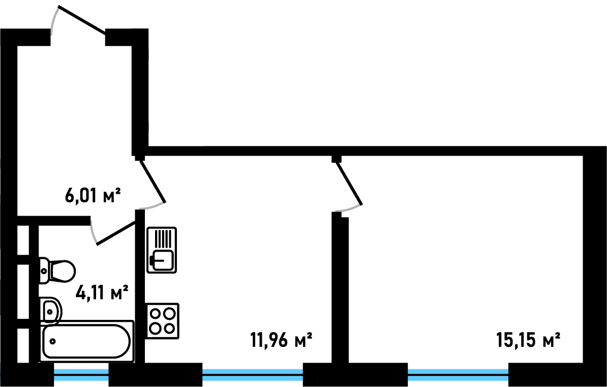 Планировка: 1-комнатная, 37,23 м²