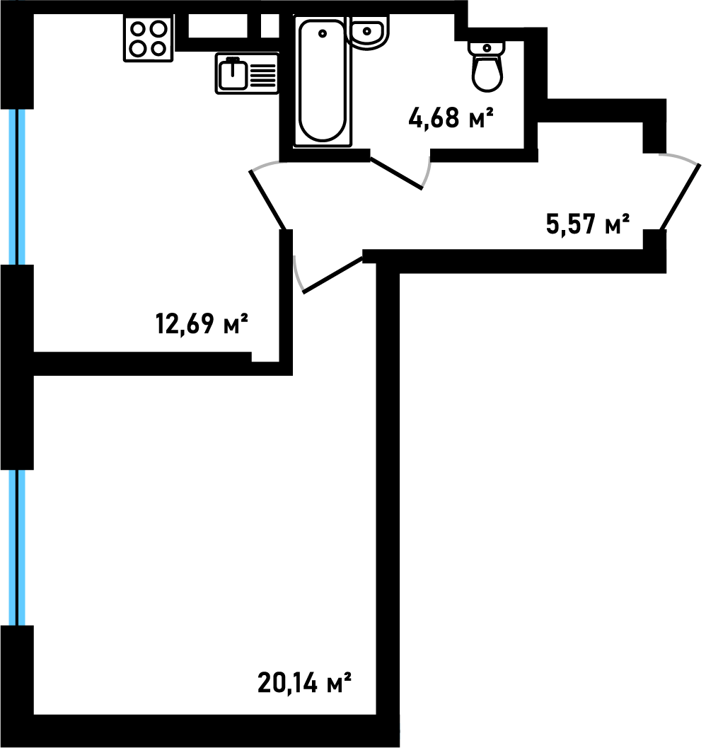 Планировка: 1-комнатная, 43,07 м²