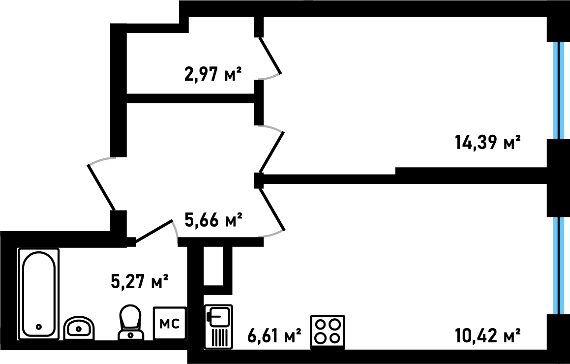 Планировка: 2-комнатная смарт, 45,31 м²