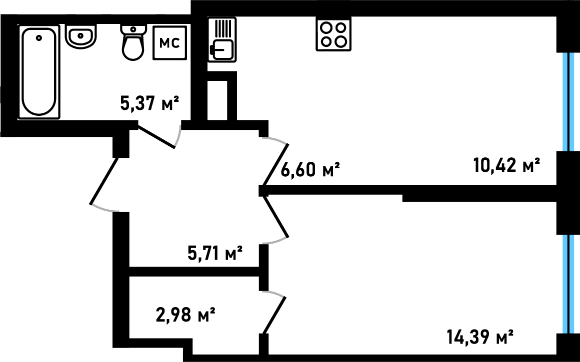 Планировка: 2-комнатная смарт, 45,46 м²