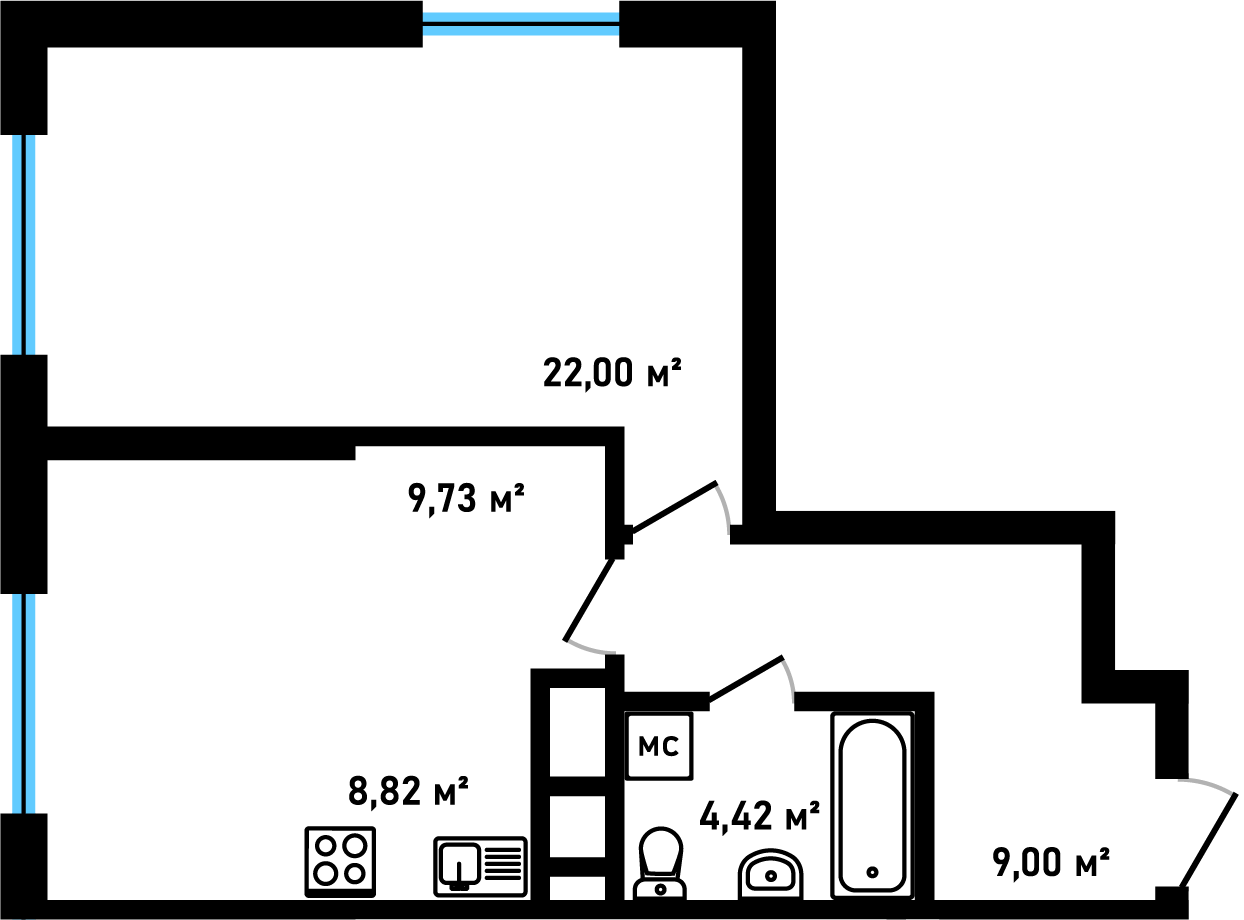 Планировка: 1-комнатная смарт, 53,97 м²