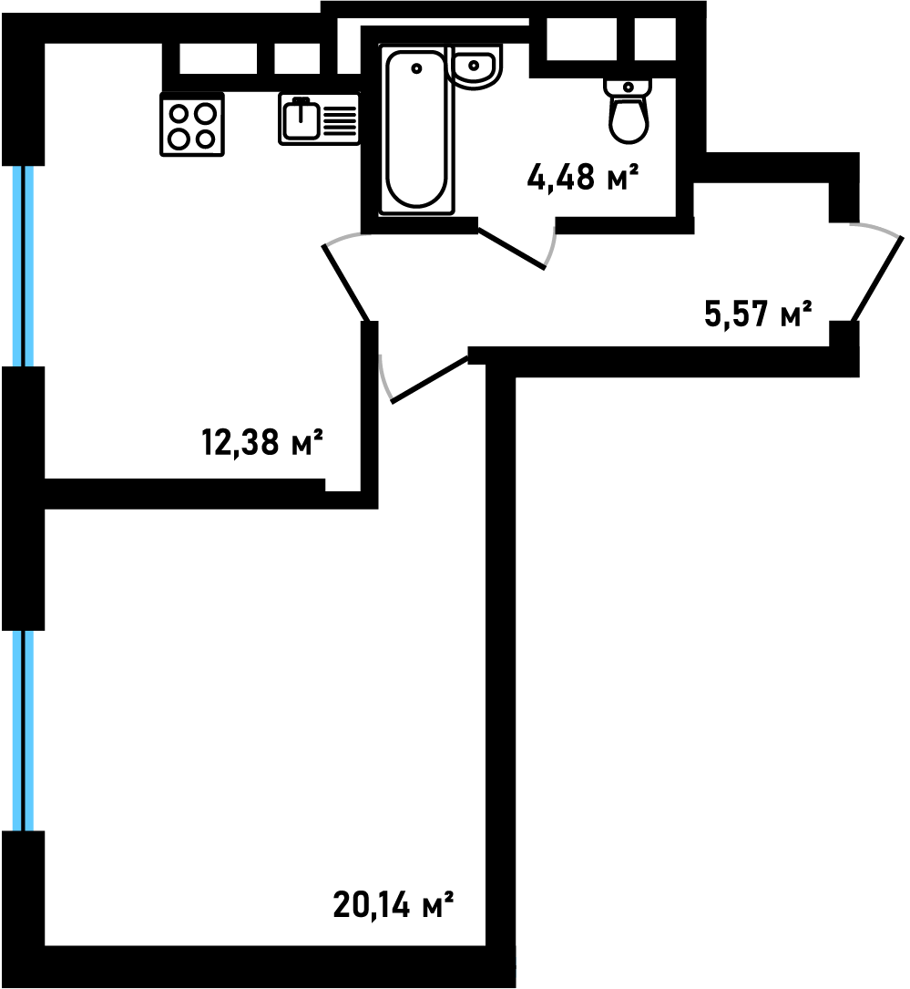 Планировка: 1-комнатная, 42,57 м²