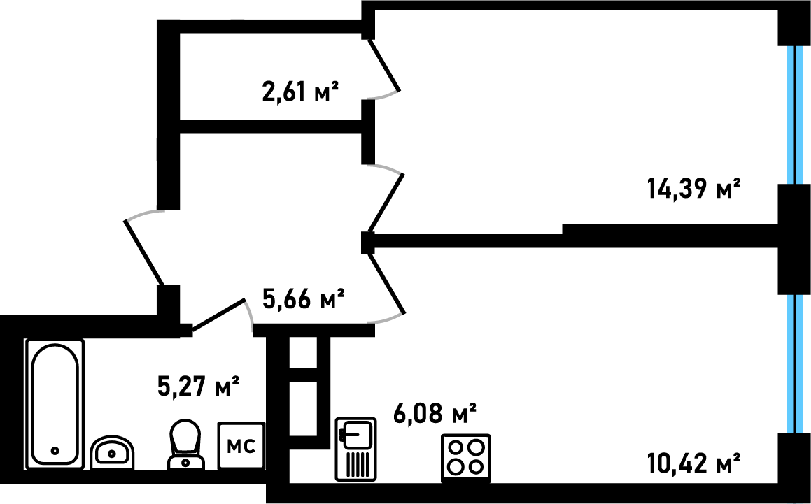 Планировка: 2-комнатная смарт, 44,43 м²