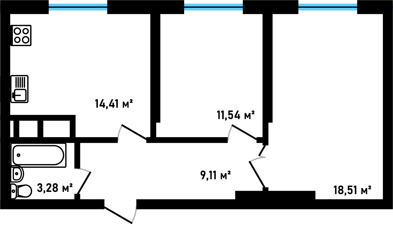 Планировка: 2-комнатная, 56,86 м²