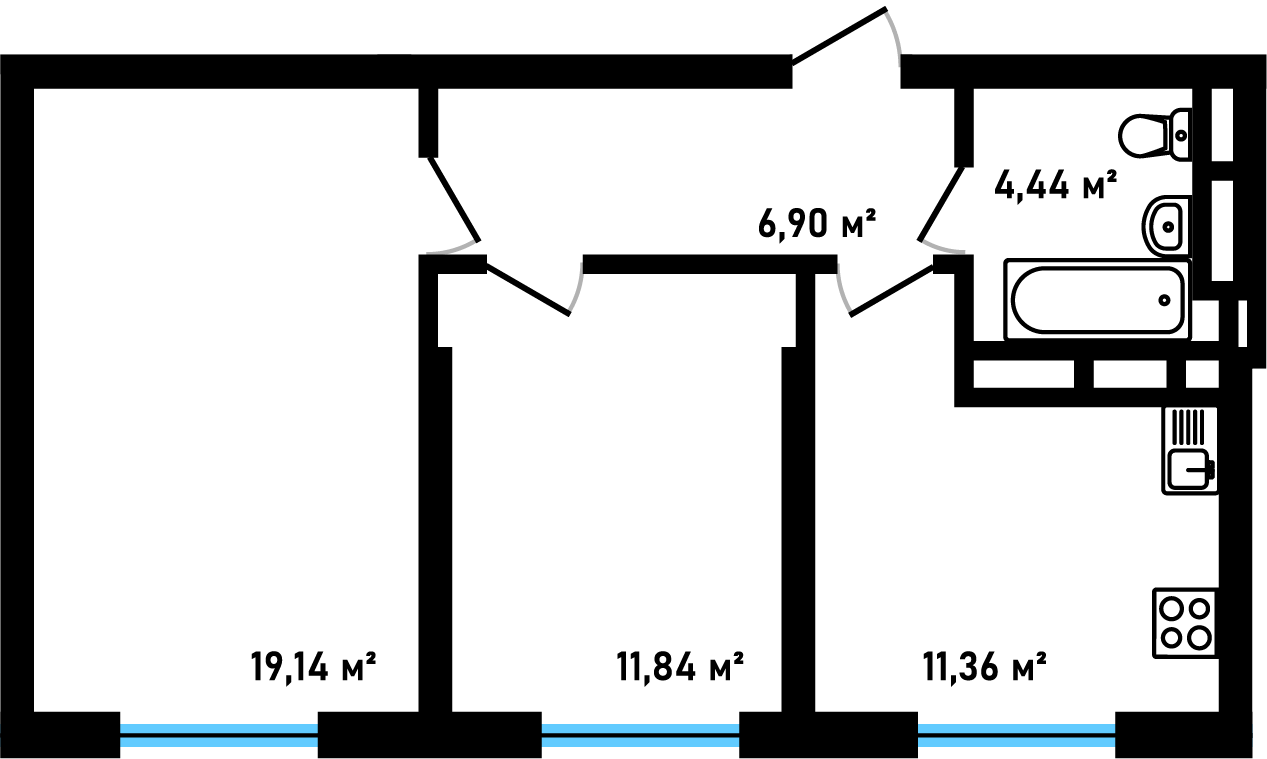 Планировка: 2-комнатная, 53,69 м²