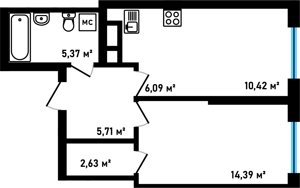 Планировка: 2-комнатная смарт, 44,6 м²