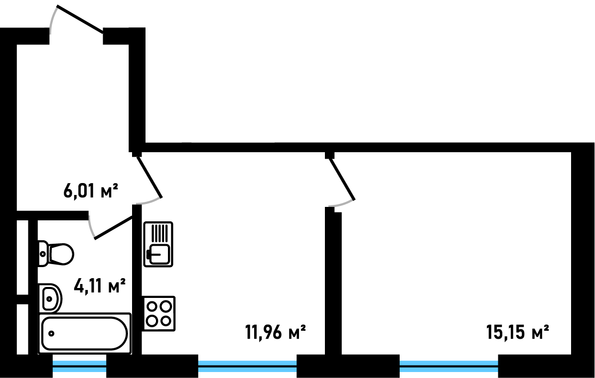 Планировка: 1-комнатная, 37,23 м²