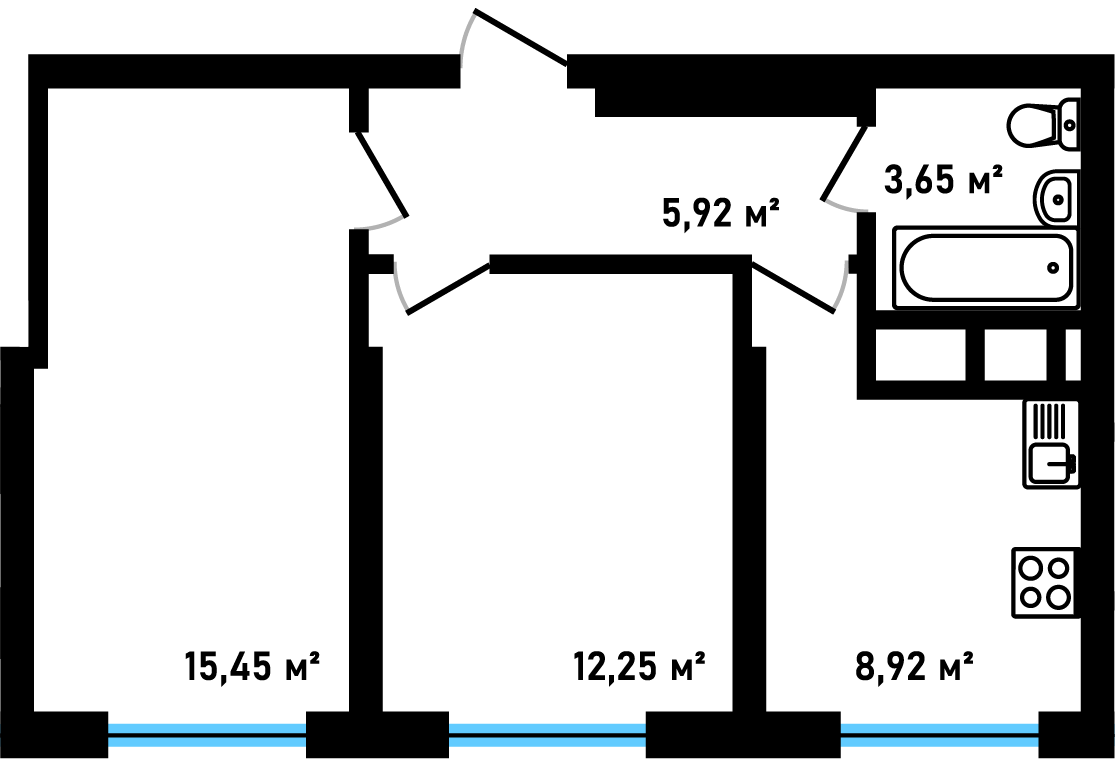 Планировка: 2-комнатная, 46,2 м²