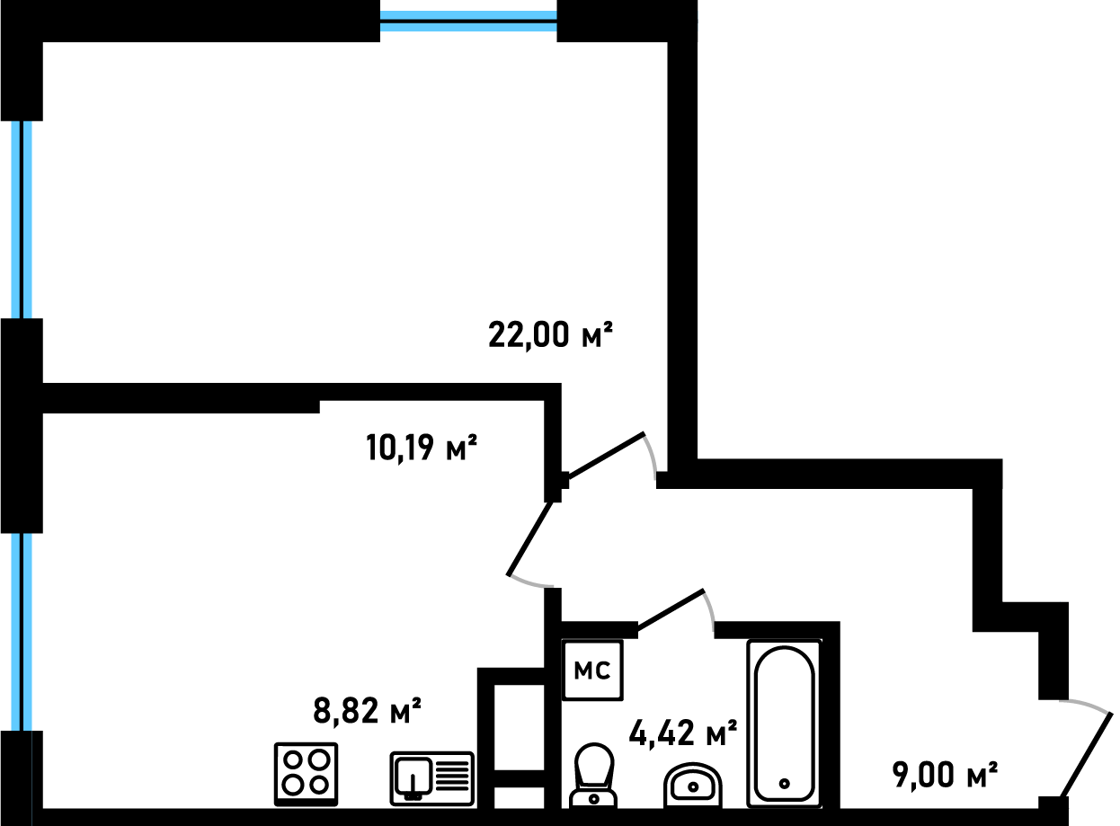 Планировка: 1-комнатная смарт, 54,44 м²
