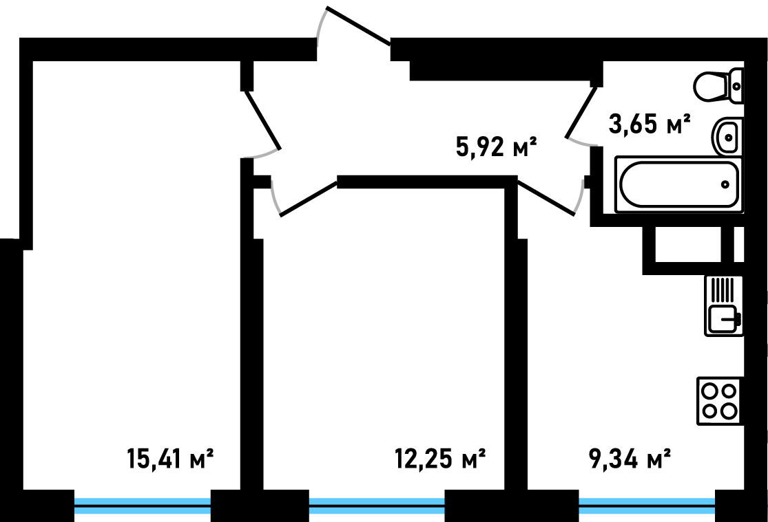 Планировка: 2-комнатная, 46,57 м²