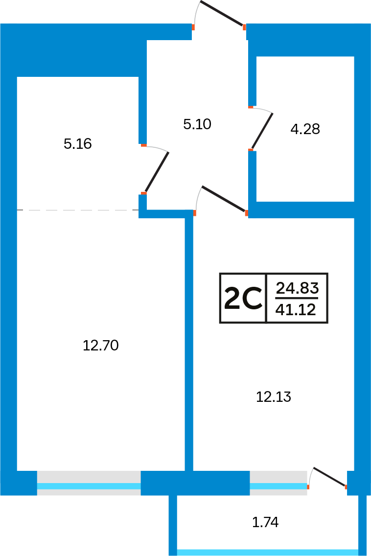 Планировка: 2-комнатная, 41,12 м²