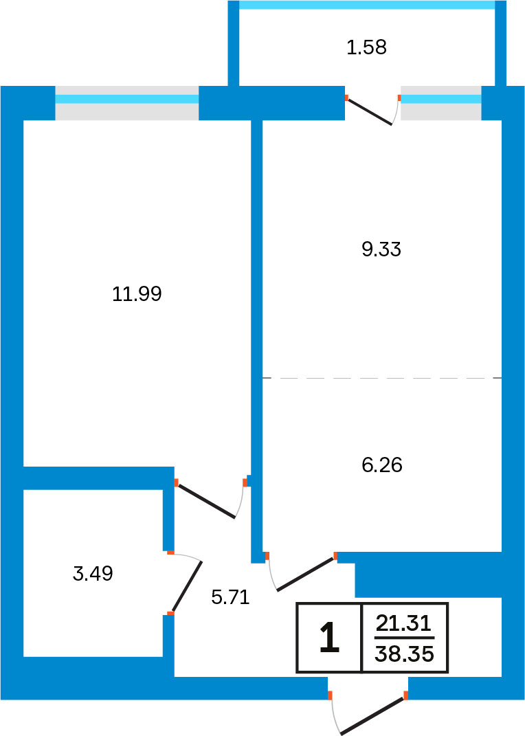 Планировка: 1-комнатная, 38,35 м²