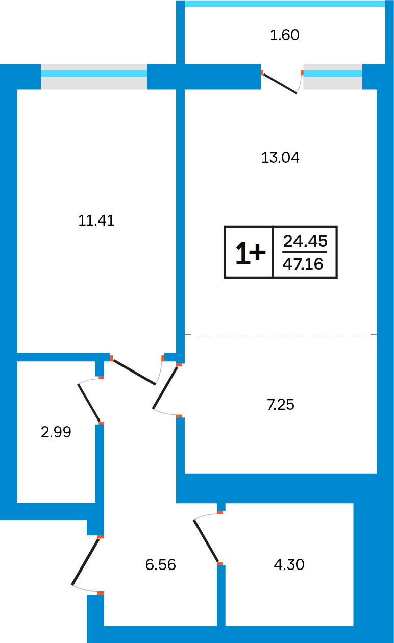 Планировка: 1-комнатная, 47,16 м²