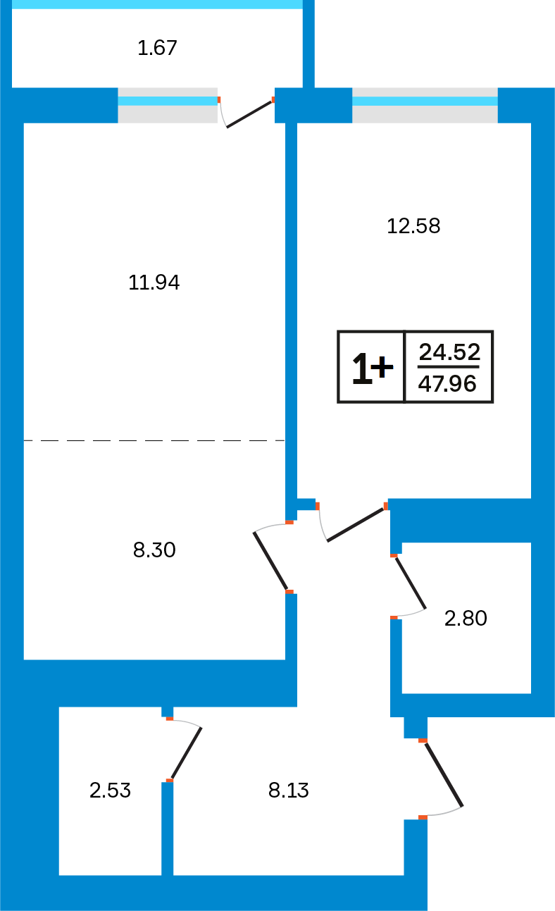 Планировка: 2-комнатная, 47,96 м²