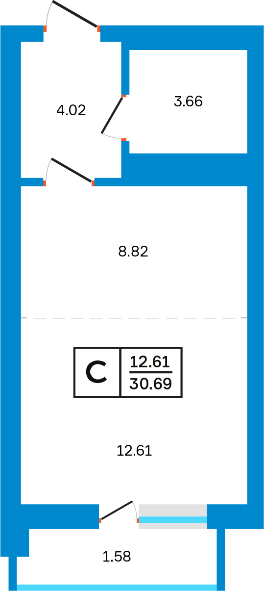 Планировка: 1-комнатная, 30,69 м²