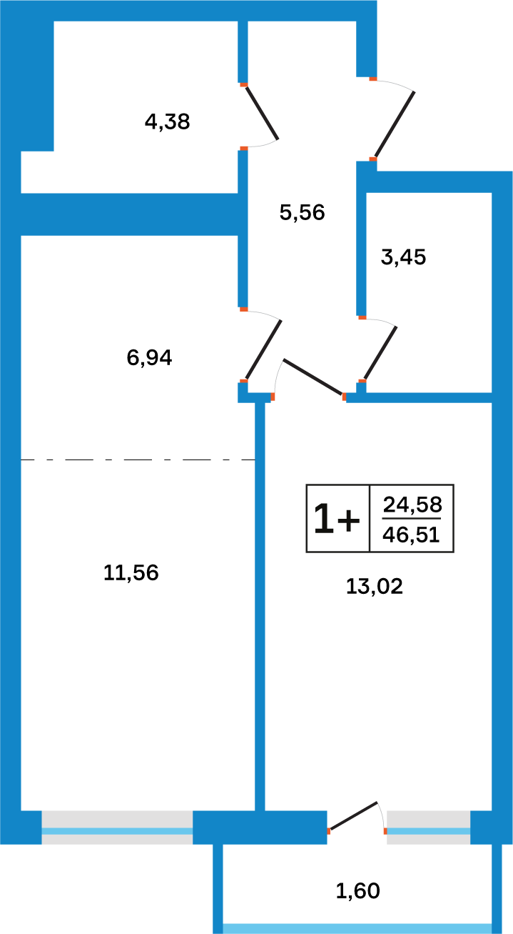 Планировка: 1-комнатная, 46,51 м²