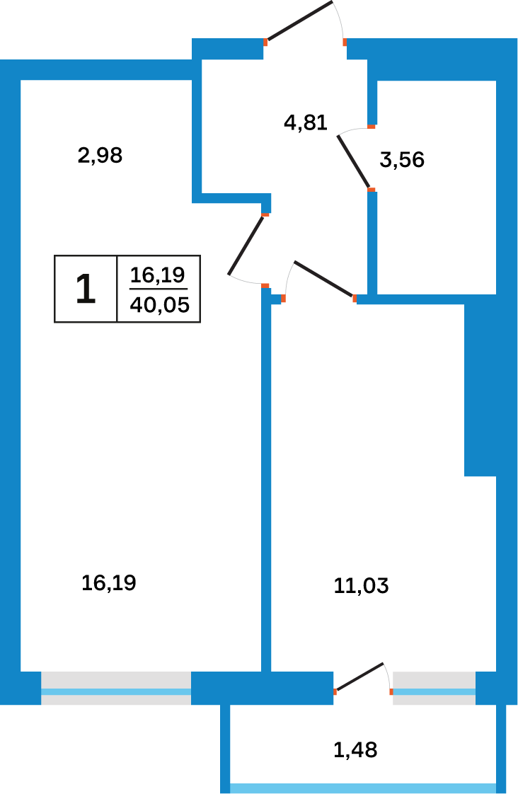 Планировка: 1-комнатная, 40,05 м²