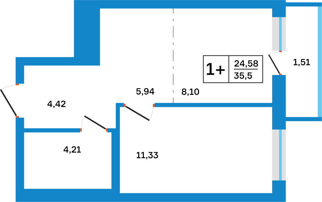 Планировка: 1-комнатная, 35,5 м²