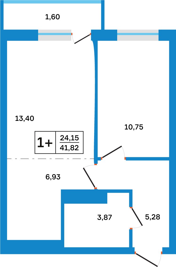 Планировка: 1-комнатная, 41,82 м²