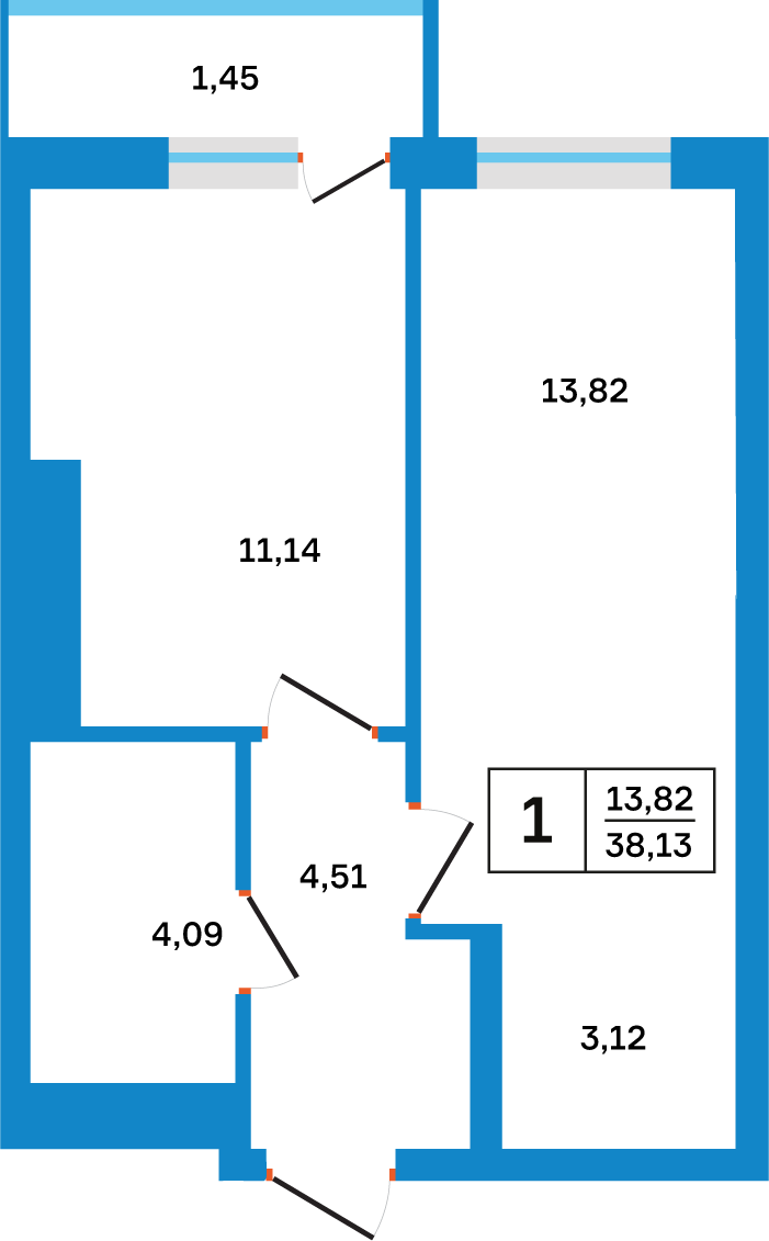 Планировка: 1-комнатная, 38,13 м²