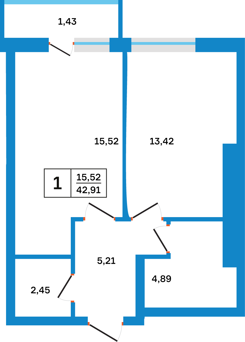 Планировка: 1-комнатная, 42,91 м²