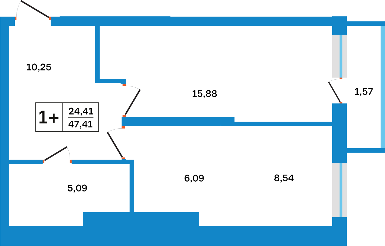 Планировка: 1-комнатная, 47,41 м²