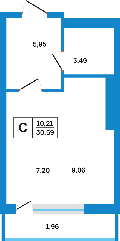Планировка: Студия, 30,69 м²