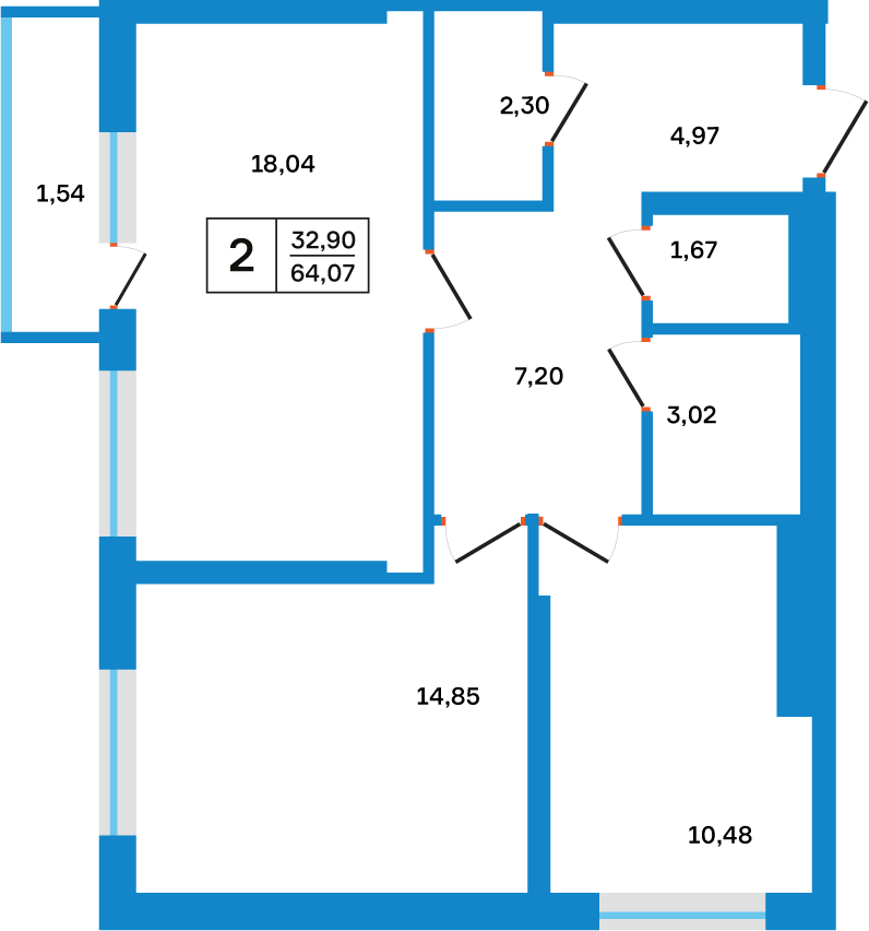 Планировка: 2-комнатная, 64,07 м²