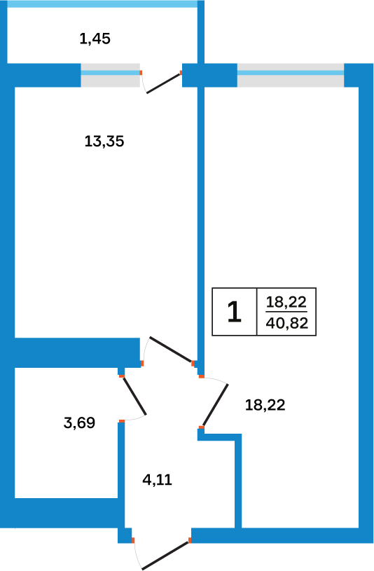 Планировка: 1-комнатная, 40,82 м²