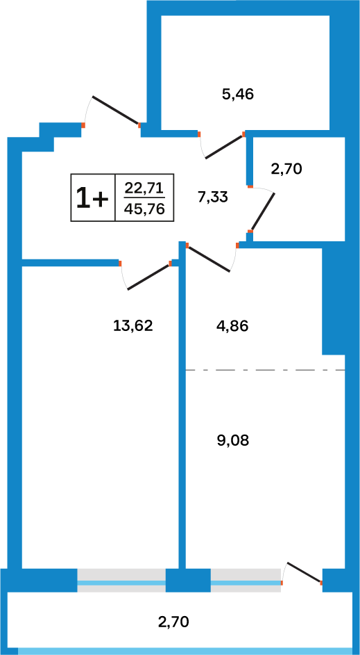 Планировка: 1-комнатная, 45,76 м²